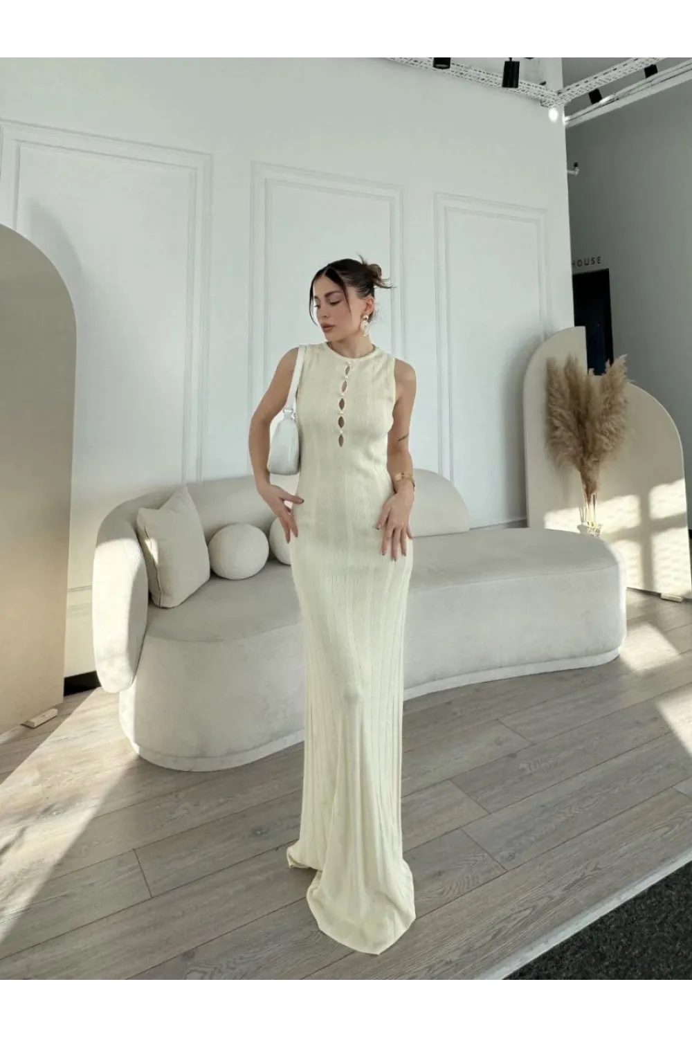 Kadın Kalın Fitilli Uzun Triko Elbise - Kırık Beyaz