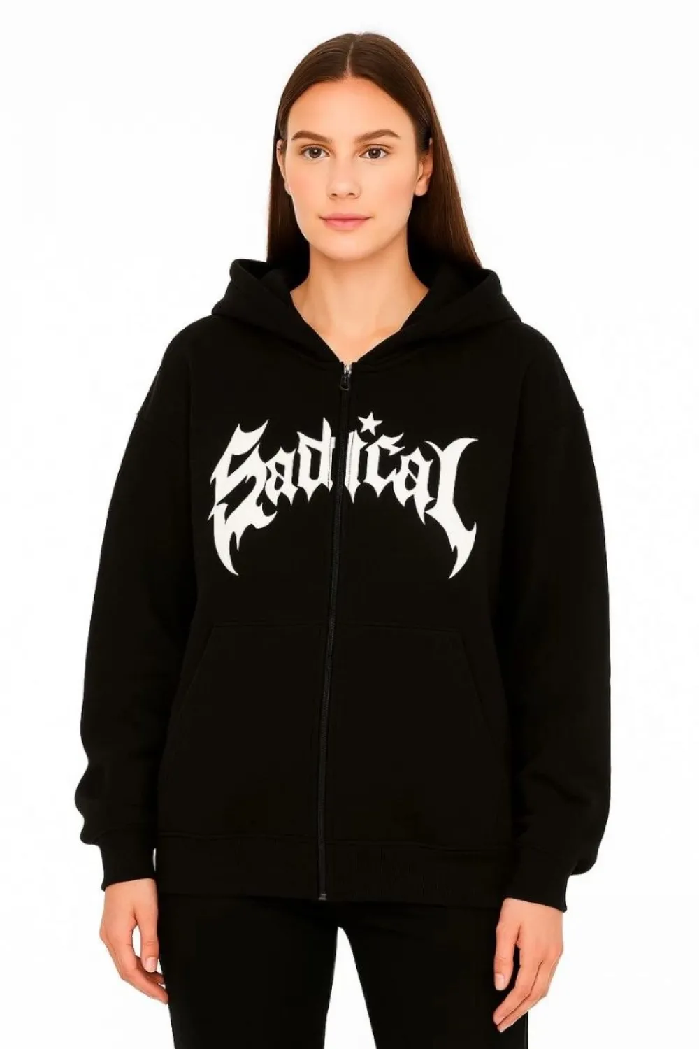 Kadın Kapüşonlu 3 İplik Şardonlu Önü Baskılı Fermuarlı Oversize Sweatshirt - Siyah