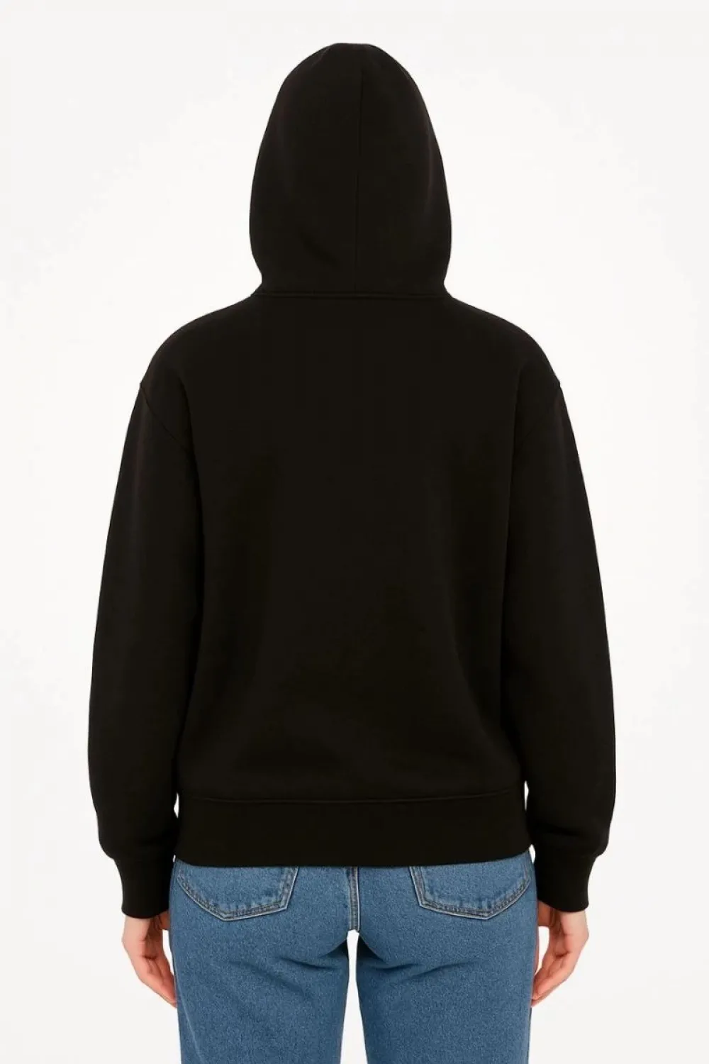 Kadın Kapüşonlu 3 İplik Şardonlu Önü Baskılı Fermuarlı Oversize Sweatshirt - Siyah