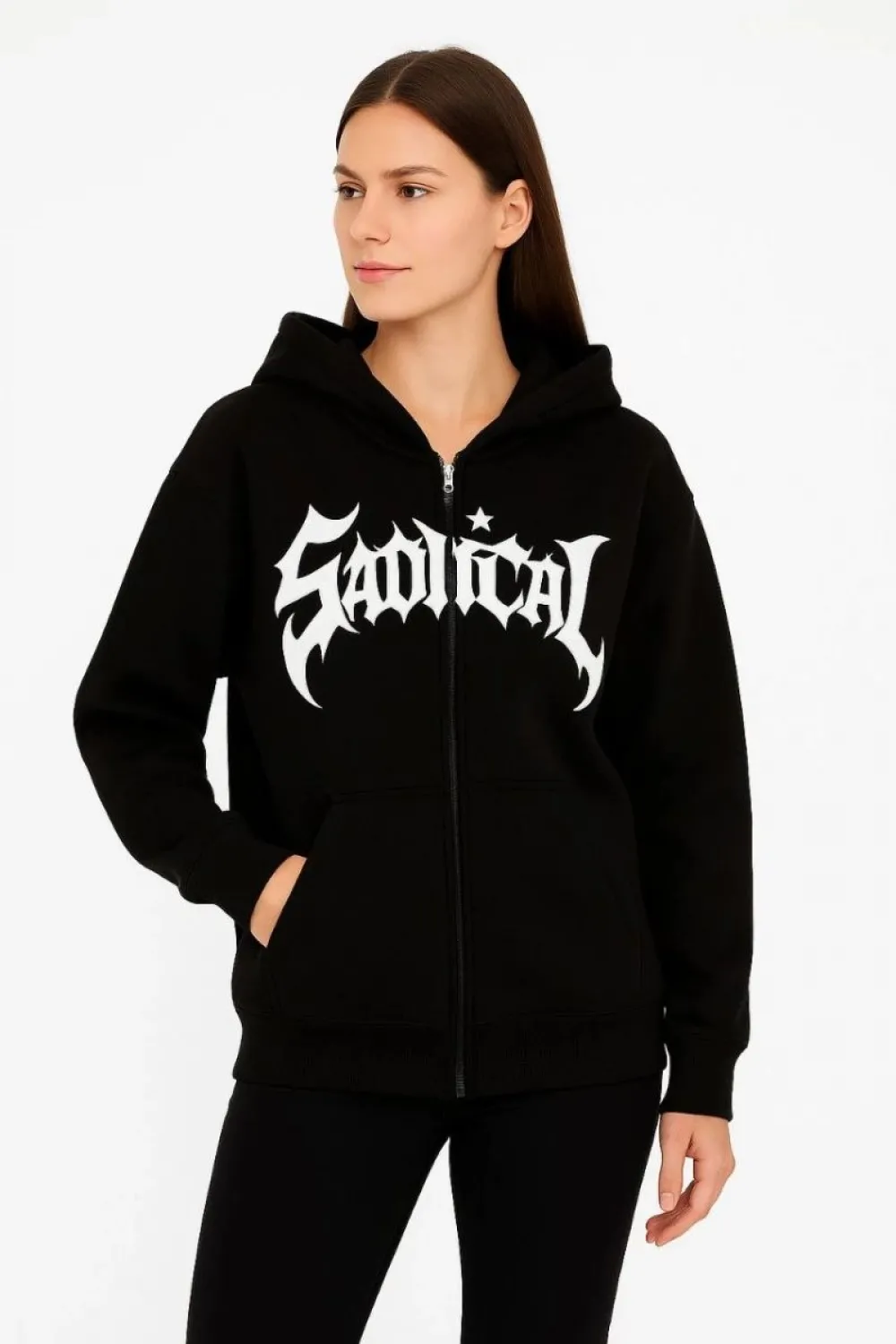 Kadın Kapüşonlu 3 İplik Şardonlu Önü Baskılı Fermuarlı Oversize Sweatshirt - Siyah