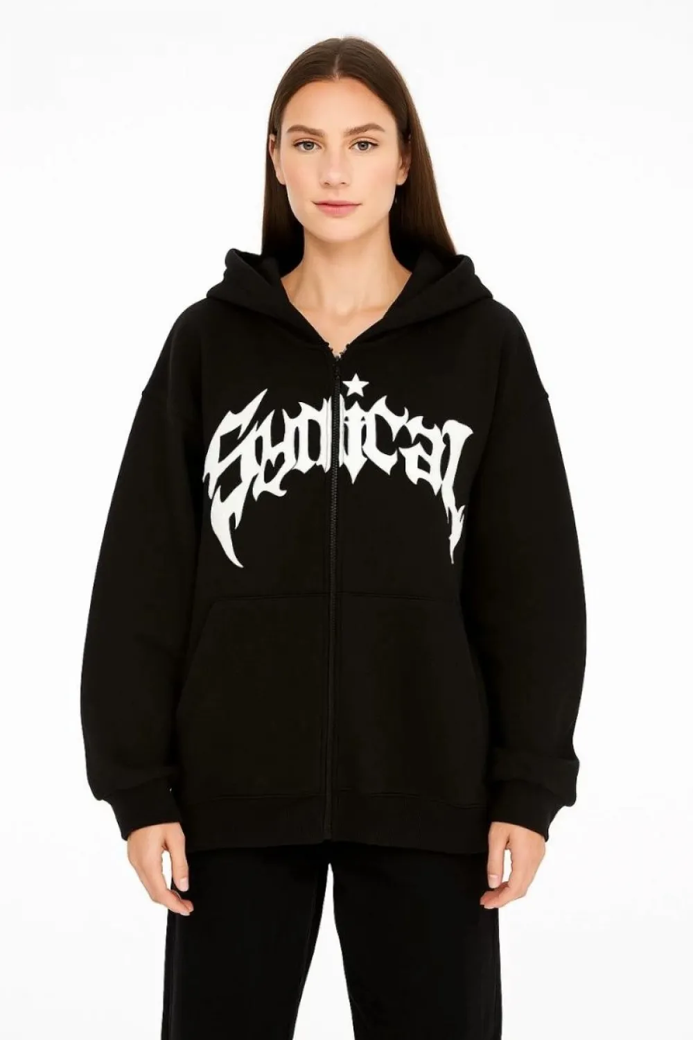 Kadın Kapüşonlu 3 İplik Şardonlu Önü Baskılı Fermuarlı Oversize Sweatshirt - Siyah