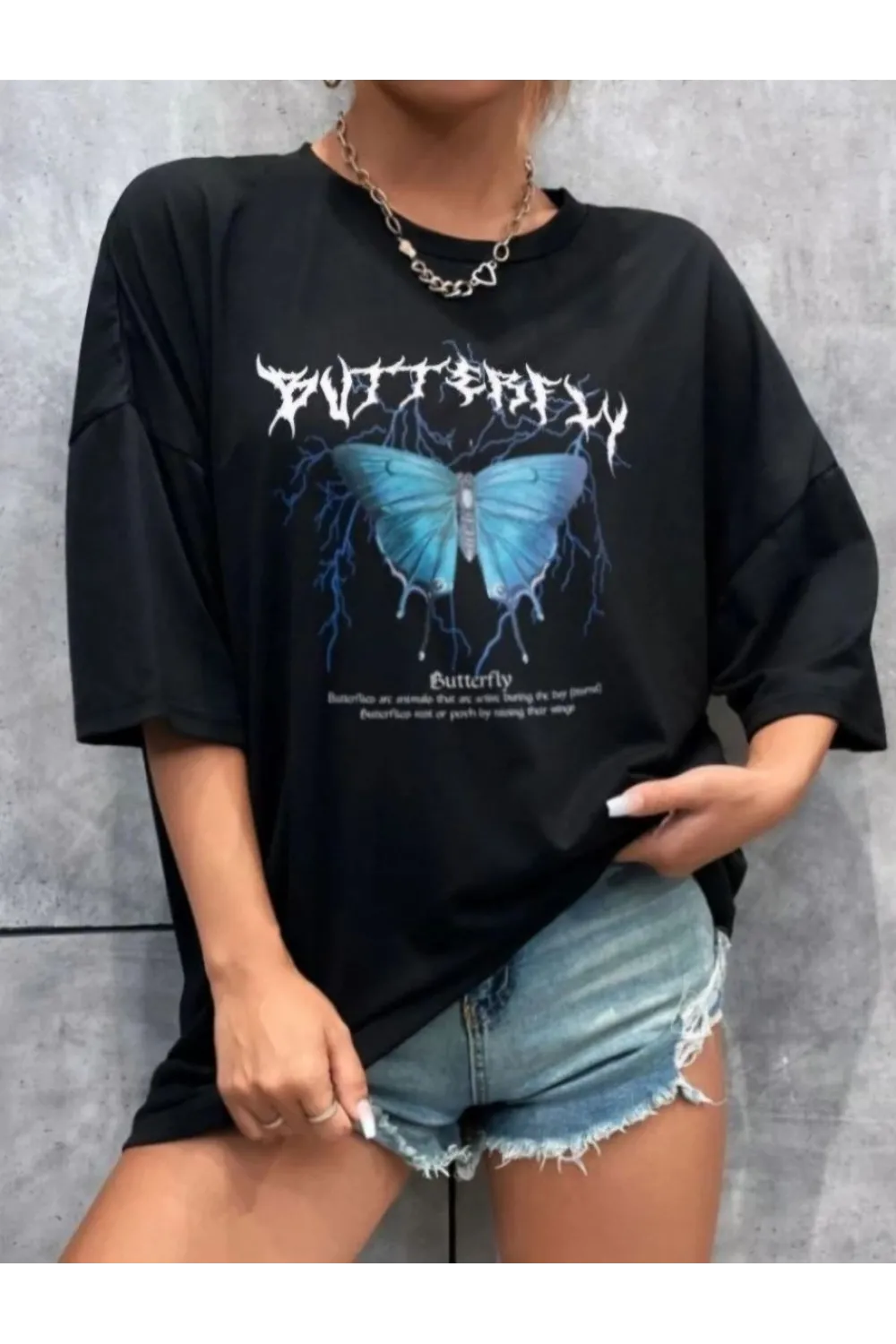 Kadın kelebek Baskılı Oversize kısa kol T-Shirt - Siyah