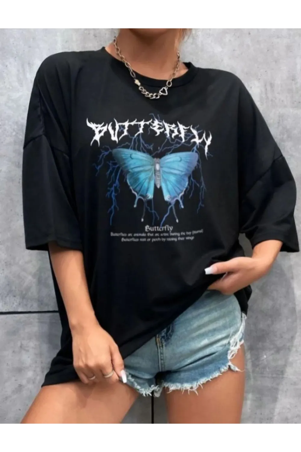 Kadın kelebek Baskılı Oversize kısa kol T-Shirt - Siyah