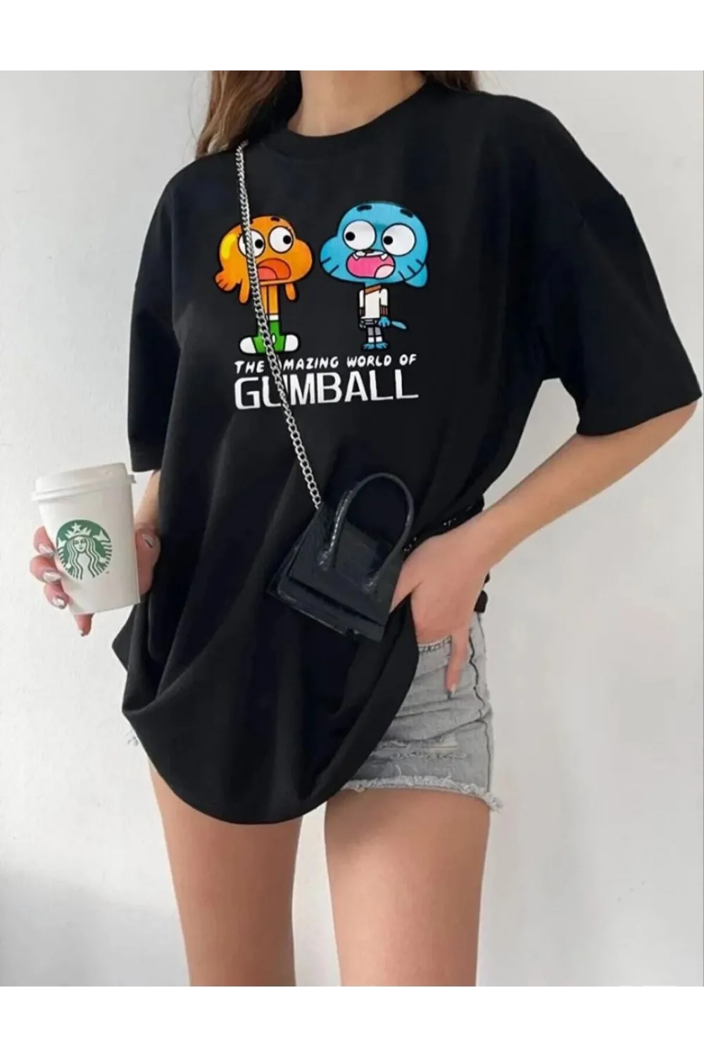 Kadın Kısa kol Tişört Bisiklet Yaka Baskılı Oversize T-Shirt - Siyah
