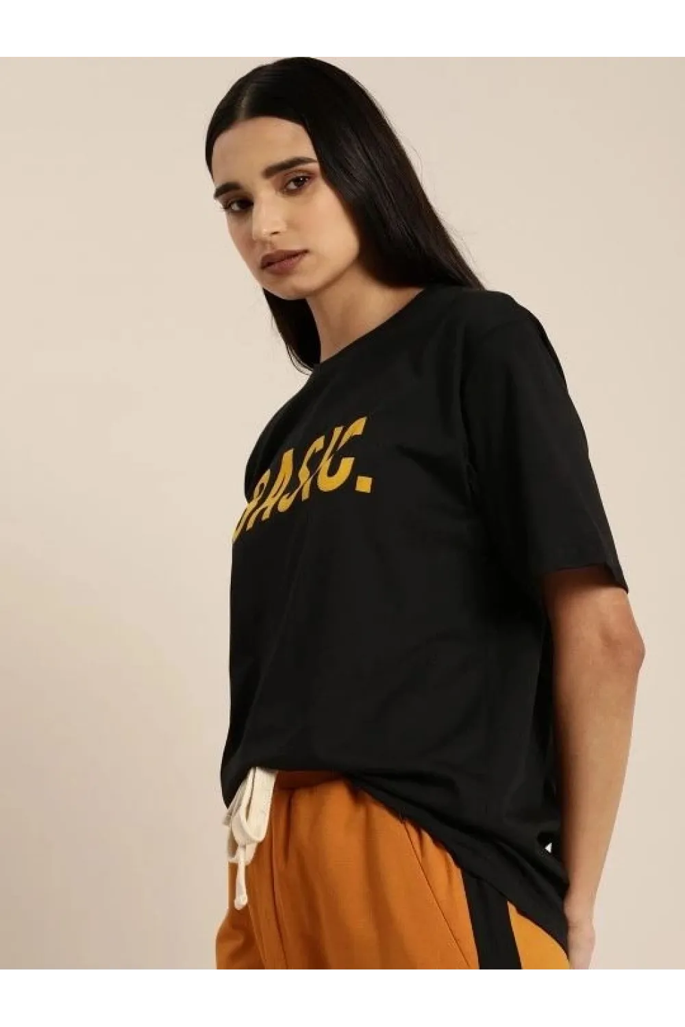Kadın Kısa Kol Yazlık Tişört Bisiklet Yaka BASIC Baskılı T-Shirt - Siyah