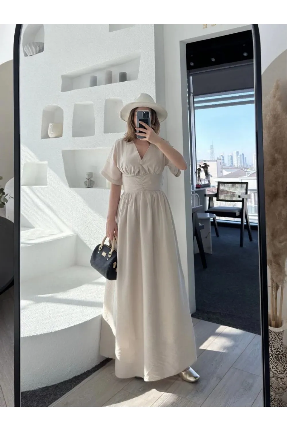 Kadın Kısa Kollu Uzun Elbise - Kırık Beyaz