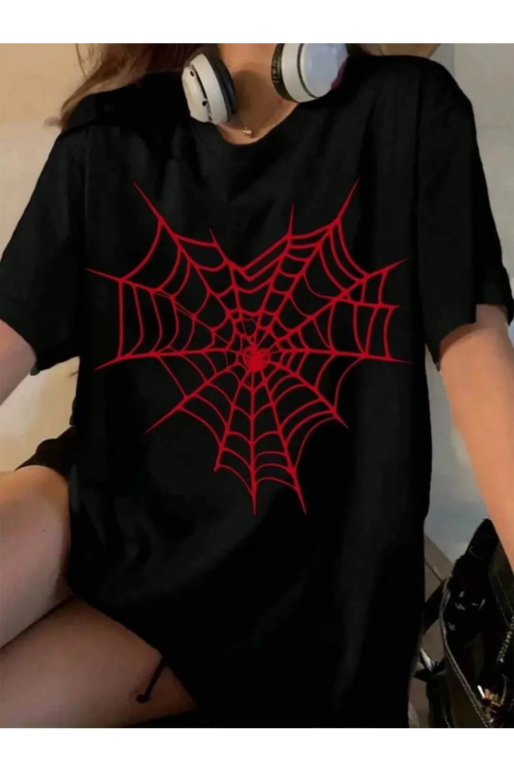 Kadın Örümcek Ağ Baskılı T-Shirt Kısa Kol Bisiklet Yaka Oversize Tişört - Siyah
