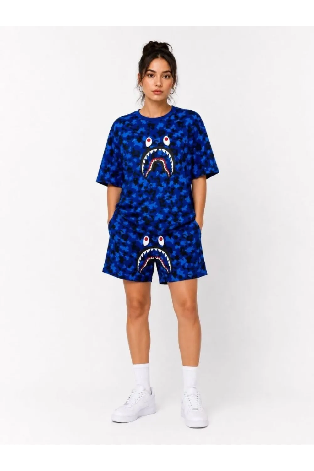 Kadın Oversize Kalıp Pubg Bape X Shark Nakışlı Cepli Şort Takım - Mavi