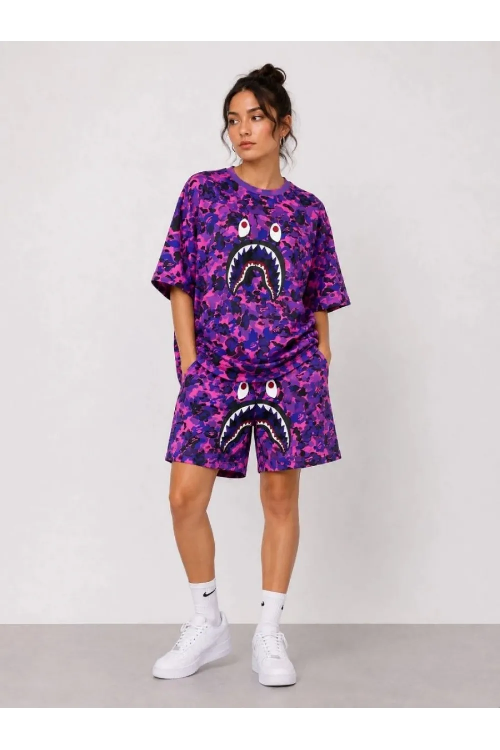 Kadın Oversize Kalıp Pubg Bape X Shark Nakışlı Cepli Şort Takım - Mor