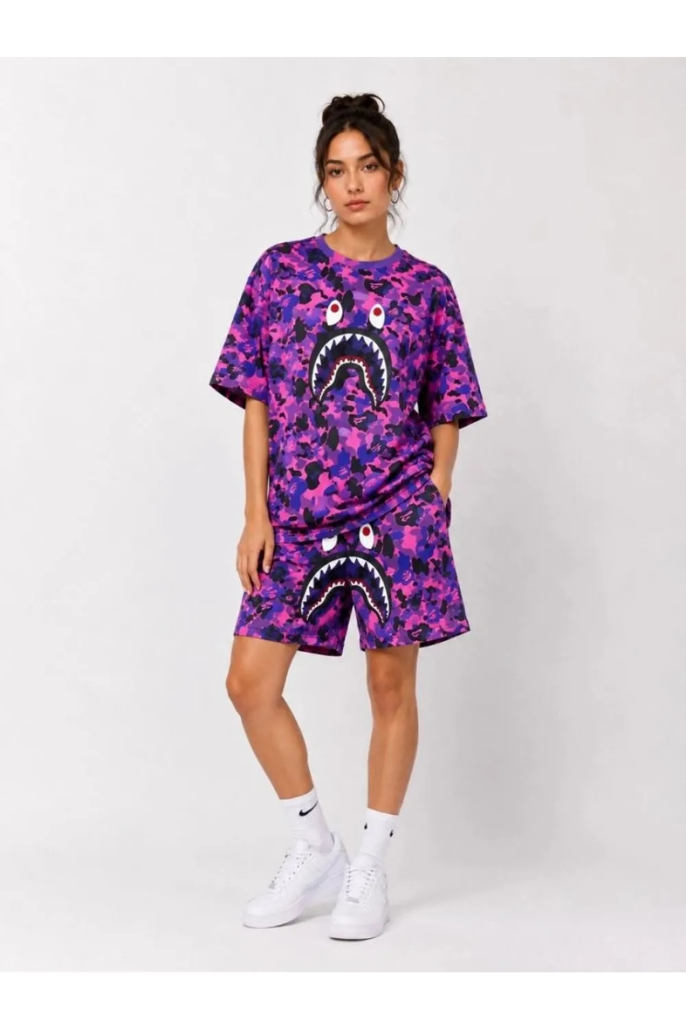 Kadın Oversize Kalıp Pubg Bape X Shark Nakışlı Cepli Şort Takım - Mor