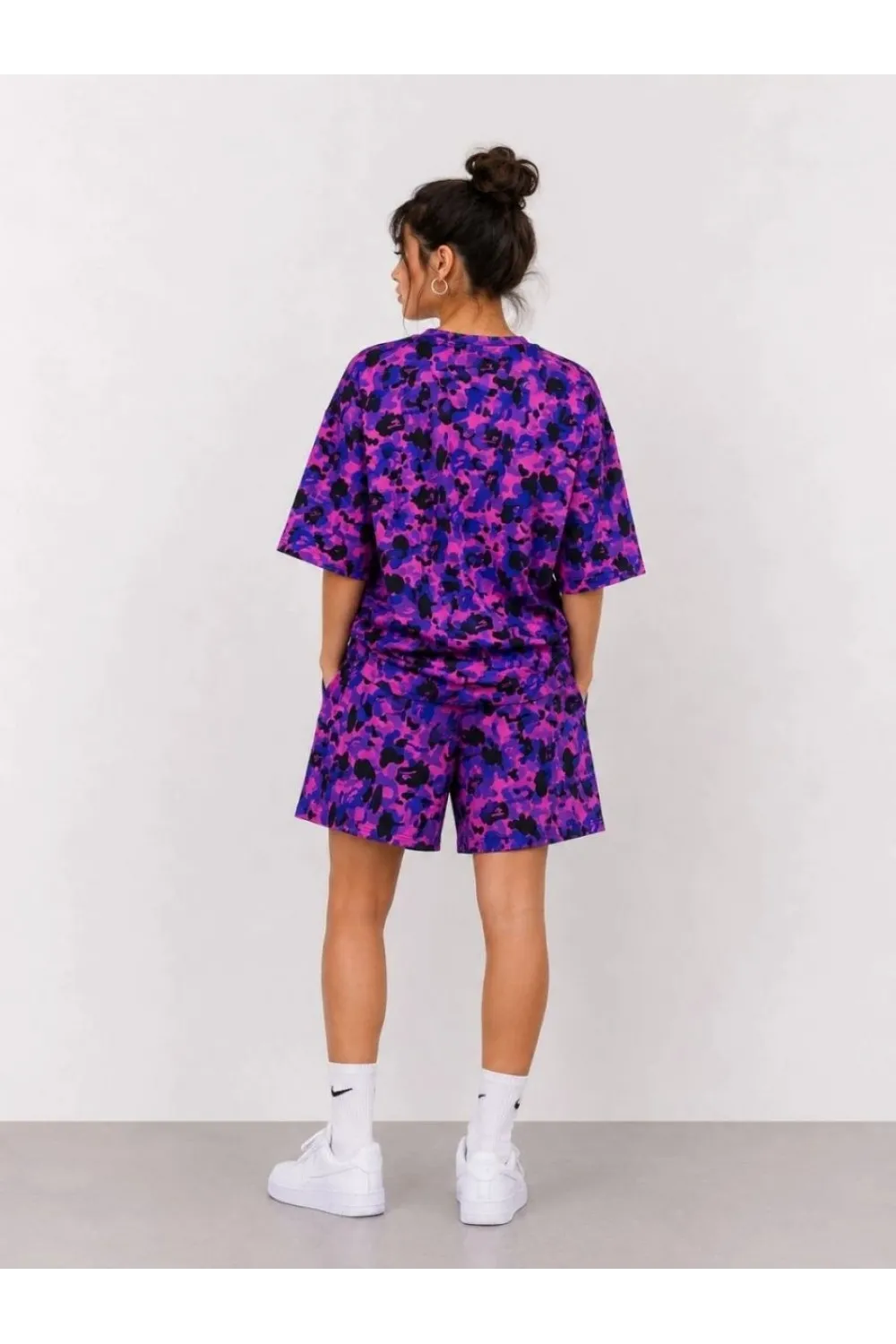 Kadın Oversize Kalıp Pubg Bape X Shark Nakışlı Cepli Şort Takım - Mor