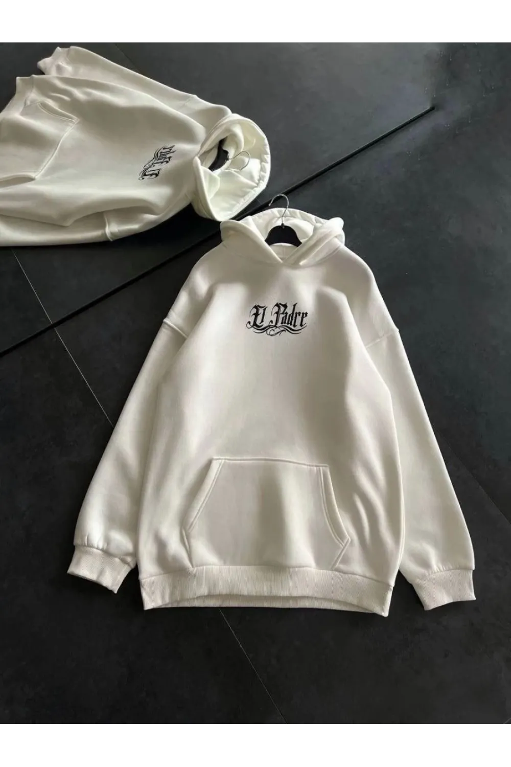 Kadın Oversize Kapüşonlu Cepli Baskılı 3 İplik Pamuklu Hoodie Sweatshirt - Beyaz