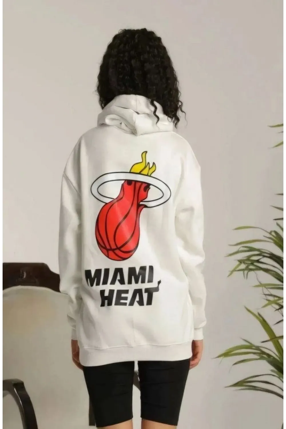 Kadın Oversize Kapüşonlu Cepli Baskılı 3 İplik Pamuklu Hoodie Sweatshirt - Beyaz