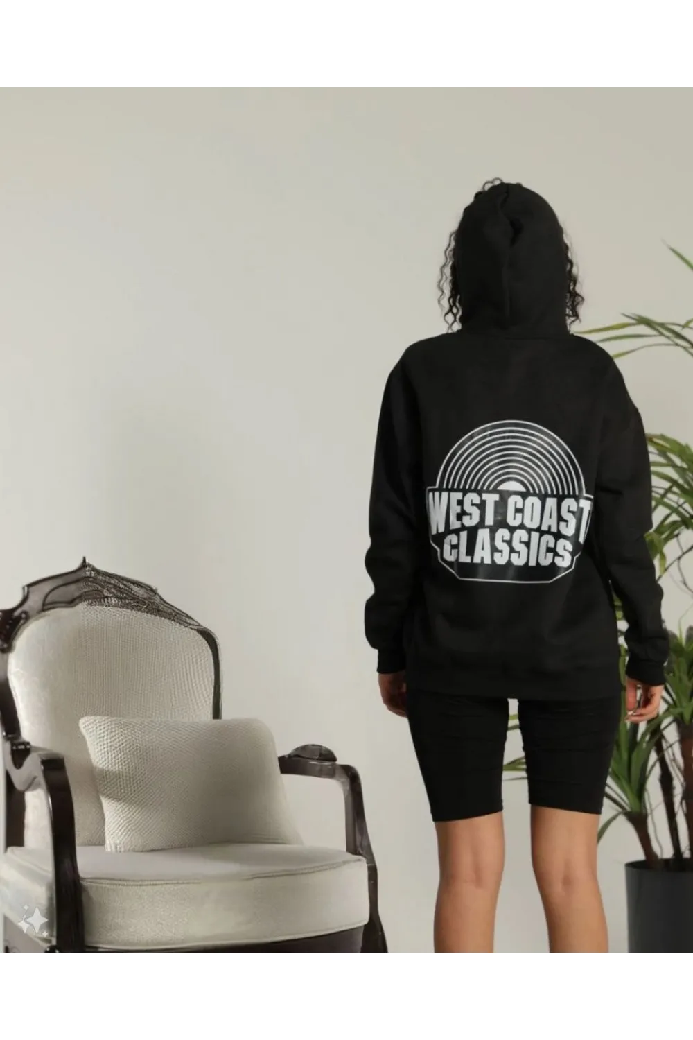 Kadın Oversize Kapüşonlu Cepli Baskılı 3 İplik Pamuklu Hoodie Sweatshirt - Siyah