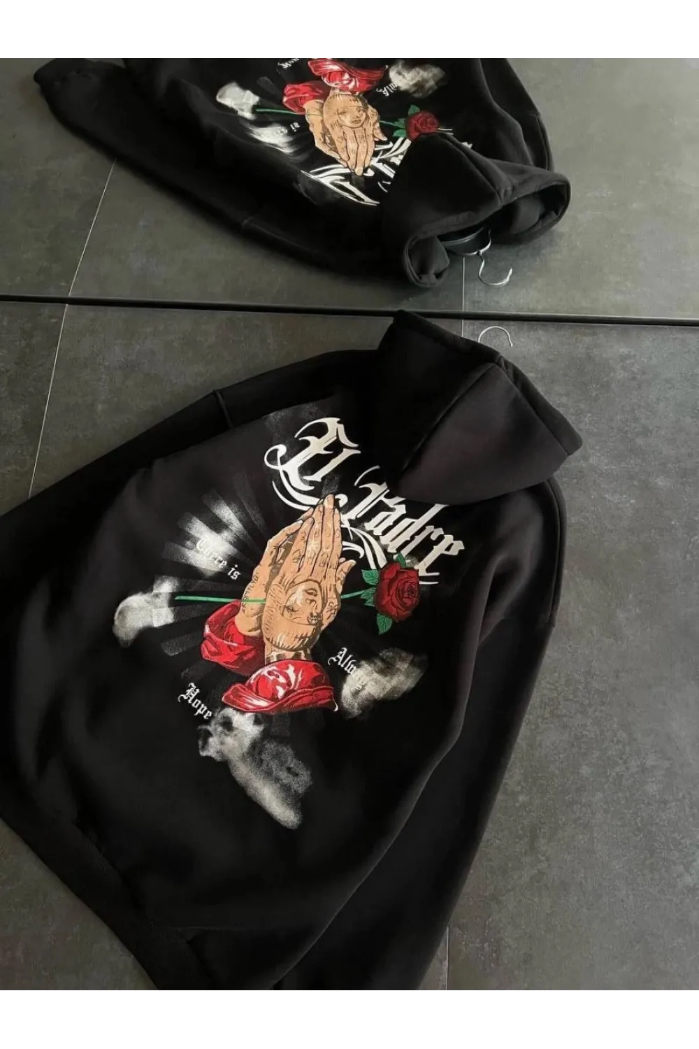 Kadın Oversize Kapüşonlu Cepli Baskılı 3 İplik Pamuklu Hoodie Sweatshirt - Siyah