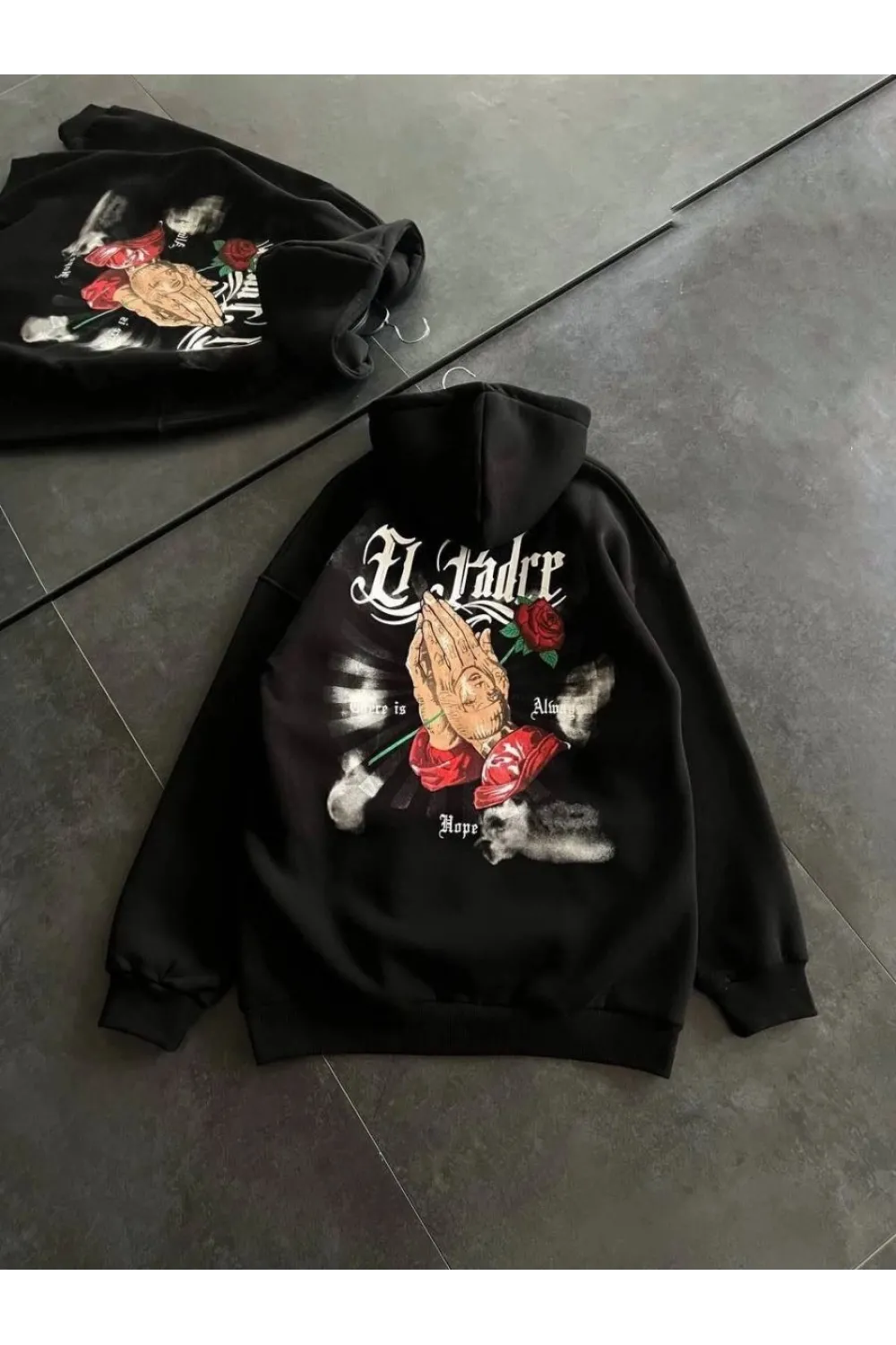 Kadın Oversize Kapüşonlu Cepli Baskılı 3 İplik Pamuklu Hoodie Sweatshirt - Siyah