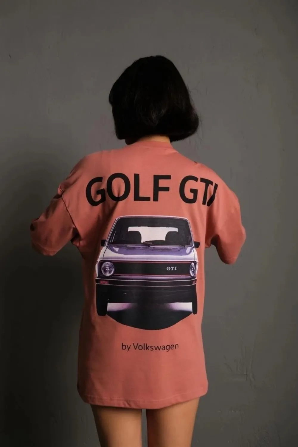 Kadın Oversize Tişört Golf GTI Retro Araba Baskılı T-shirt  - Gül Kurusu