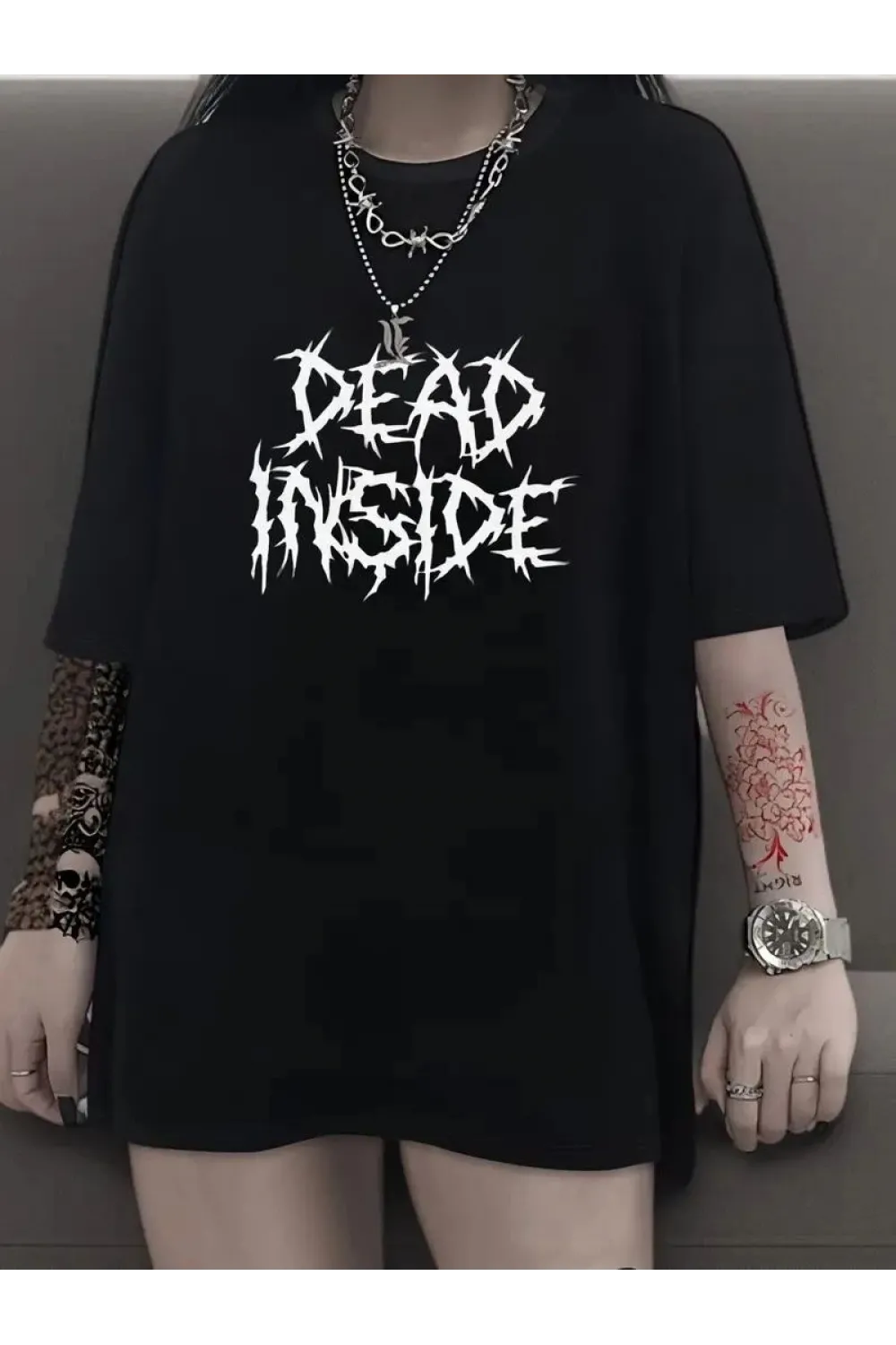 Kadın T-shirt Bisiklet Yaka Oversize Kısa Kollu Tişört - Siyah