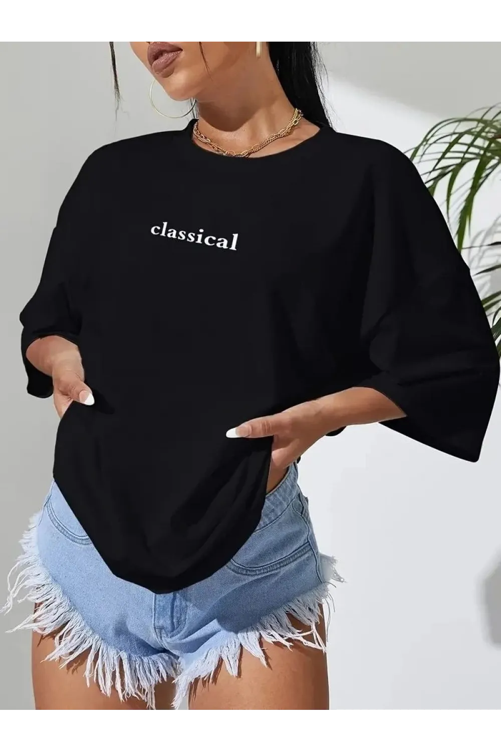 Kadın T-shirt Penye Compack Classical Baskılı Kısa kol Tişört - Siyah
