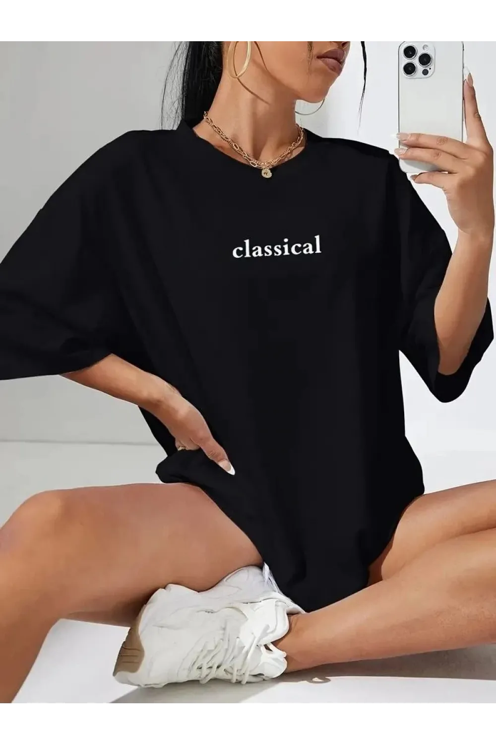 Kadın T-shirt Penye Compack Classical Baskılı Kısa kol Tişört - Siyah