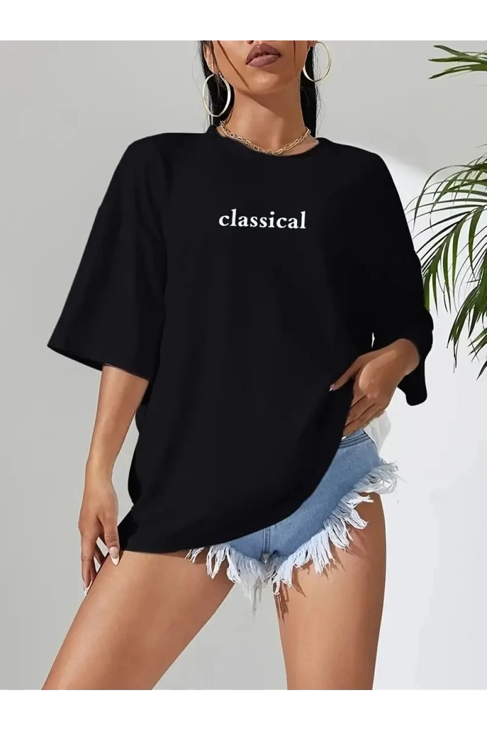 Kadın T-shirt Penye Compack Classical Baskılı Kısa kol Tişört - Siyah