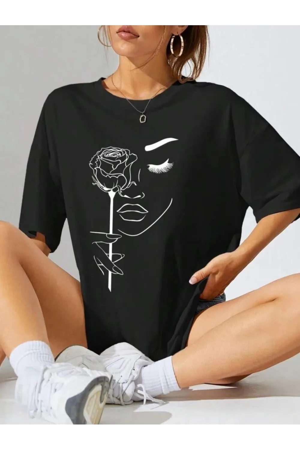 Kadın Tişört Baskılı Kısa kol Oversize T-shirt - Siyah