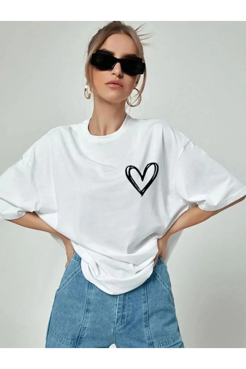 Kadın Tişört Bisiklet Yaka Baskılı Oversize T-Shirt - Beyaz