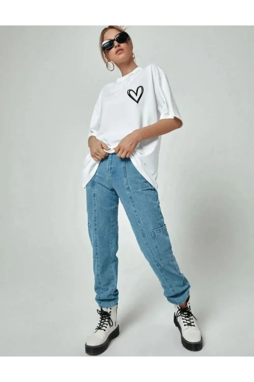 Kadın Tişört Bisiklet Yaka Baskılı Oversize T-Shirt - Beyaz