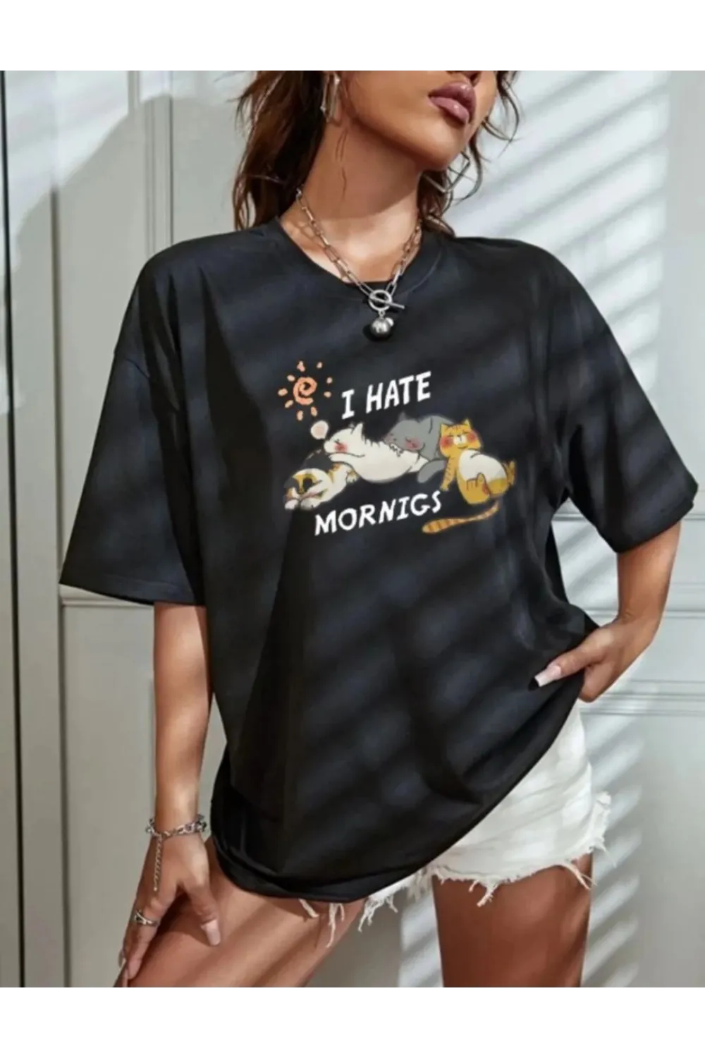 Kadın Tişört Bisiklet Yaka Baskılı Oversize T-Shirt - Siyah