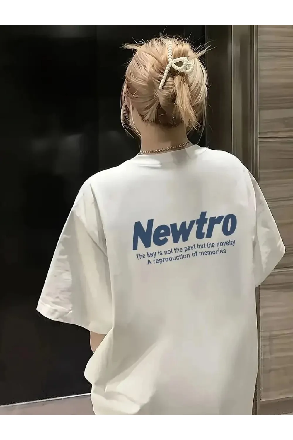Kadın Tişört Newtro Baskılı Oversize Bisiklet Yaka T-shirt - Beyaz