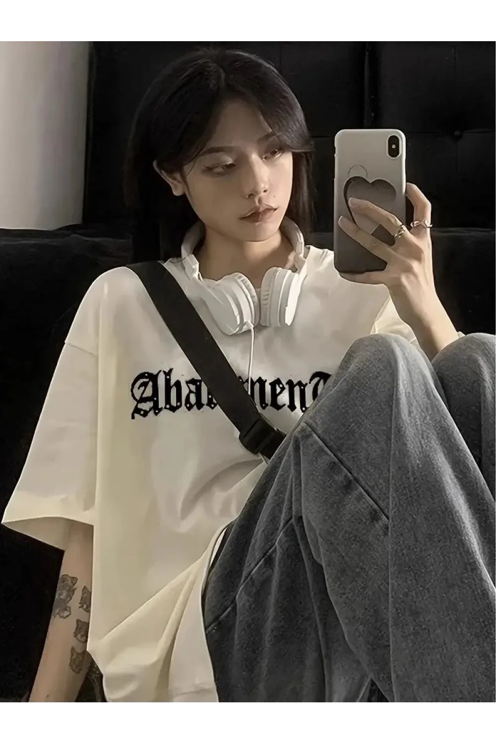 Kadın Tişört Örümcek Baskılı Bisiklet Yaka T-shirt - Beyaz