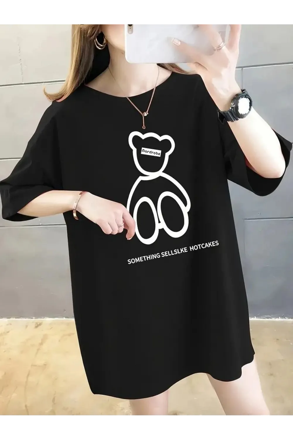 Kadın Tişört Penye Compack Baskılı Oversize Bisiklet Yaka T-shirt - Siyah