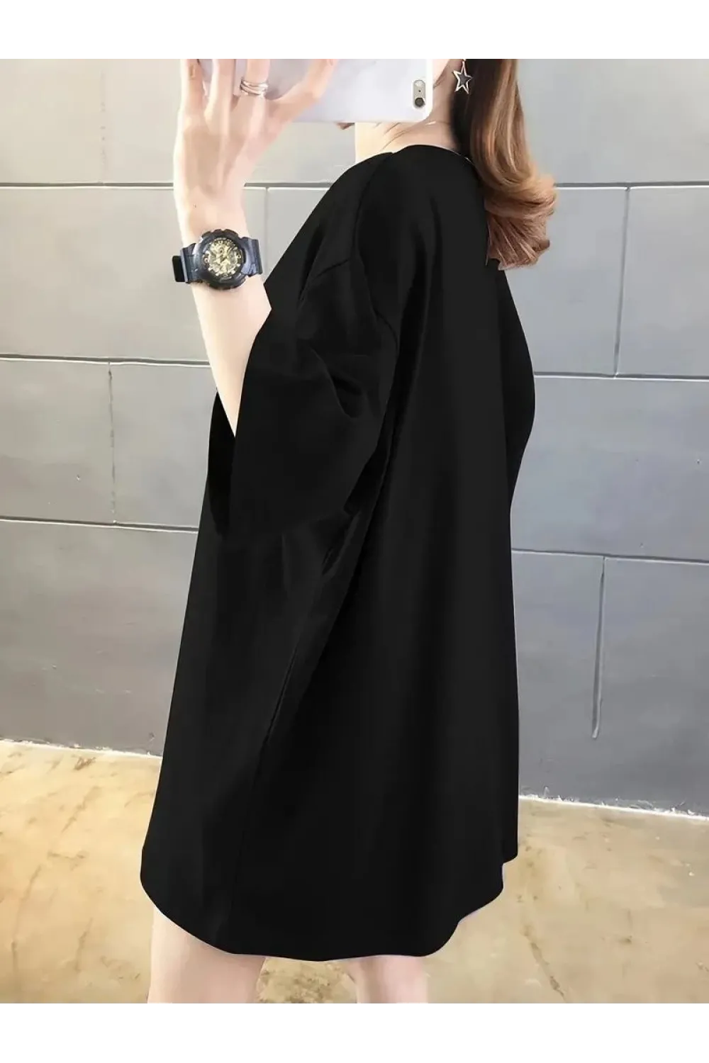 Kadın Tişört Penye Compack Baskılı Oversize Bisiklet Yaka T-shirt - Siyah