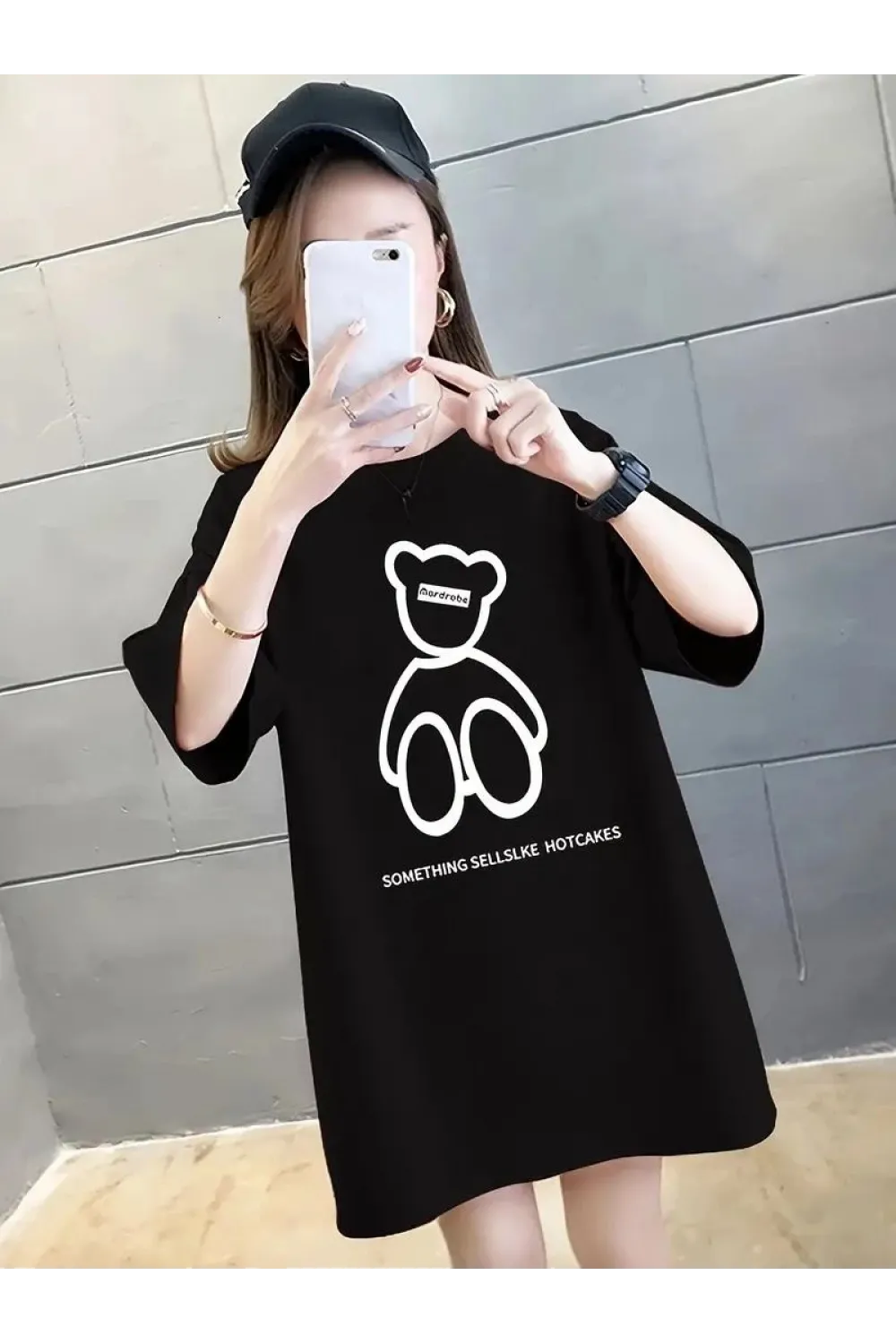 Kadın Tişört Penye Compack Baskılı Oversize Bisiklet Yaka T-shirt - Siyah