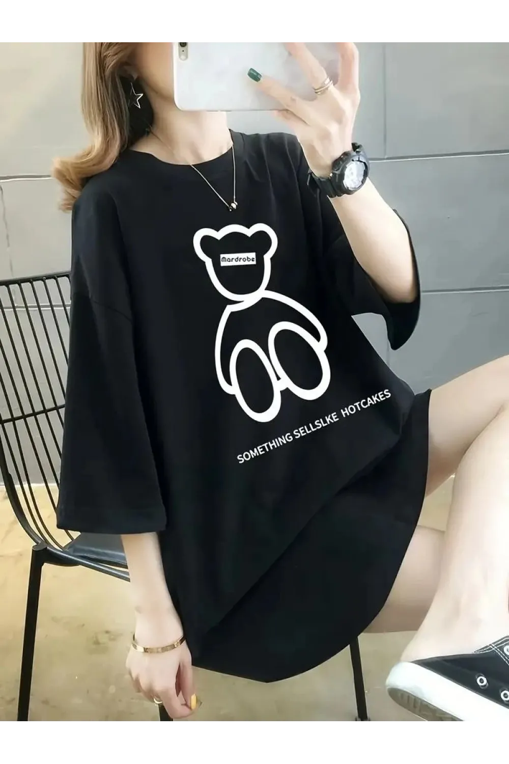 Kadın Tişört Penye Compack Baskılı Oversize Bisiklet Yaka T-shirt - Siyah