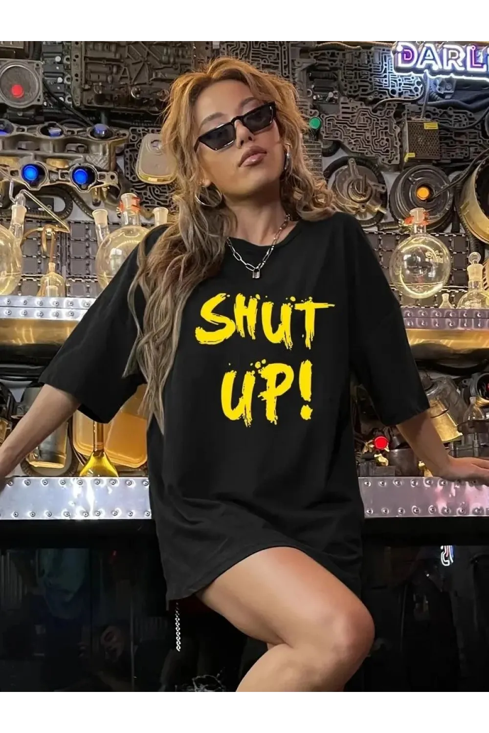 Kadın Tişört Shut up Baskılı Bisiklet Yaka Kısa Kol T-shirt - Siyah
