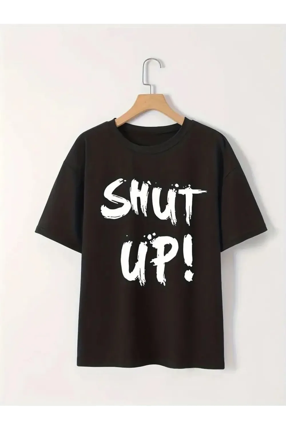 Kadın Tişört Shut Up Baskılı Kısa Kol Bisiklet Yaka T-Shirt - Siyah