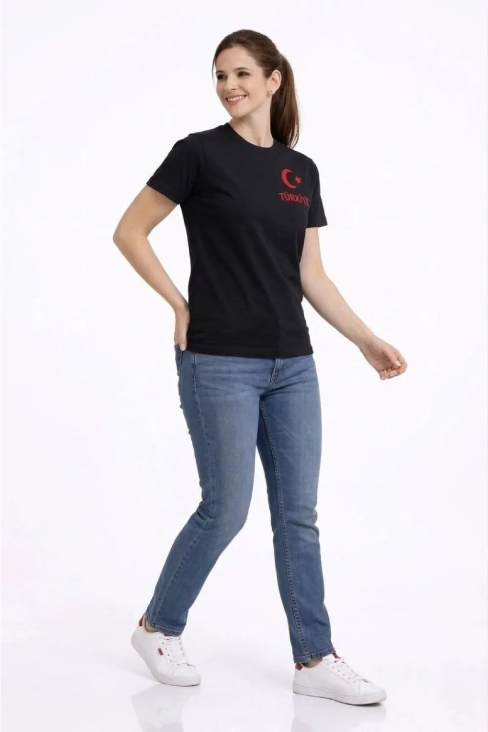 Kadın TÜRKİYE Ay Yıldız Baskılı Taraftar Forma T-Shirt - Siyah
