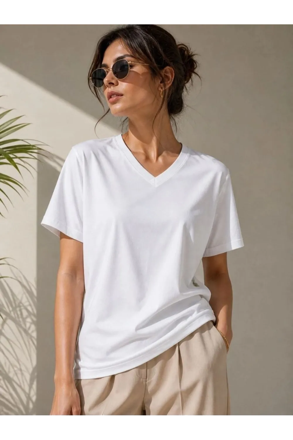 Kadın V Yaka Basic Tişört Kısa Kol Yazlık Regular Fit T-Shirt - Beyaz