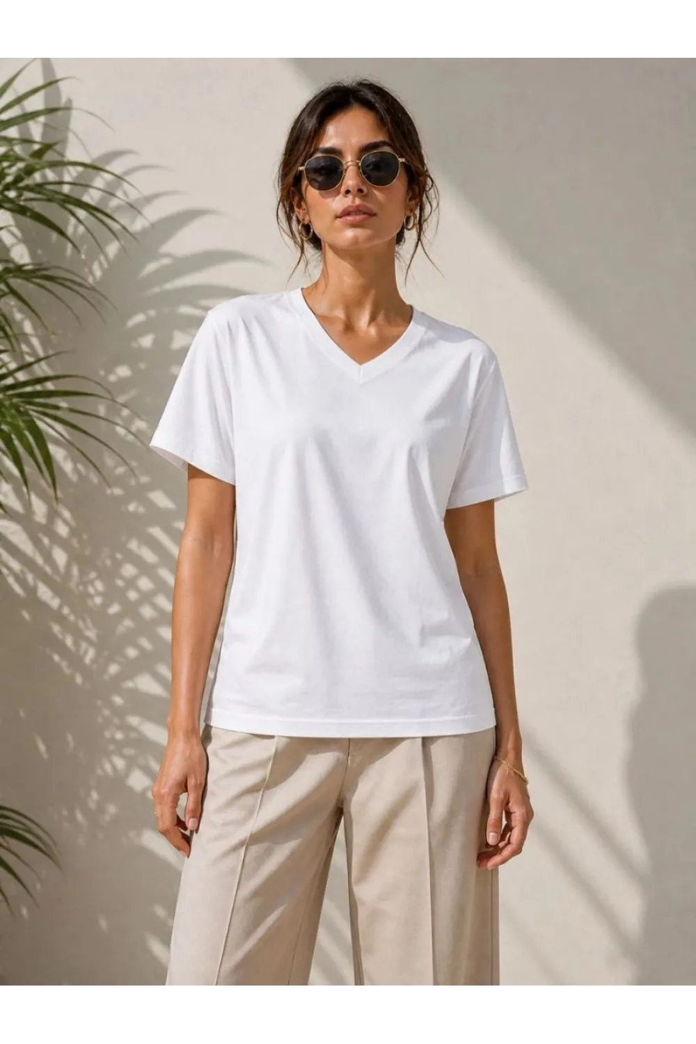Kadın V Yaka Basic Tişört Kısa Kol Yazlık Regular Fit T-Shirt - Beyaz
