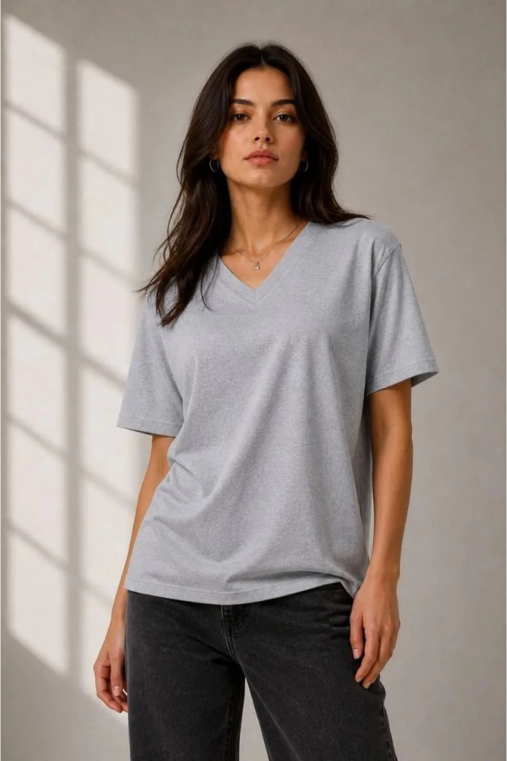 Kadın V Yaka Basic Tişört Kısa Kol Yazlık Regular Fit T-Shirt - Gri