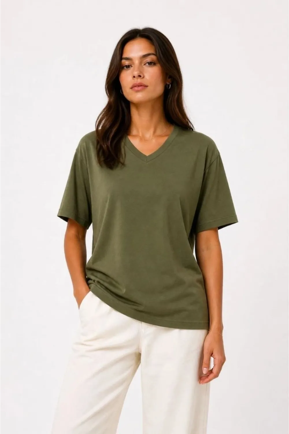 Kadın V Yaka Basic Tişört Kısa Kol Yazlık Regular Fit T-Shirt - Haki
