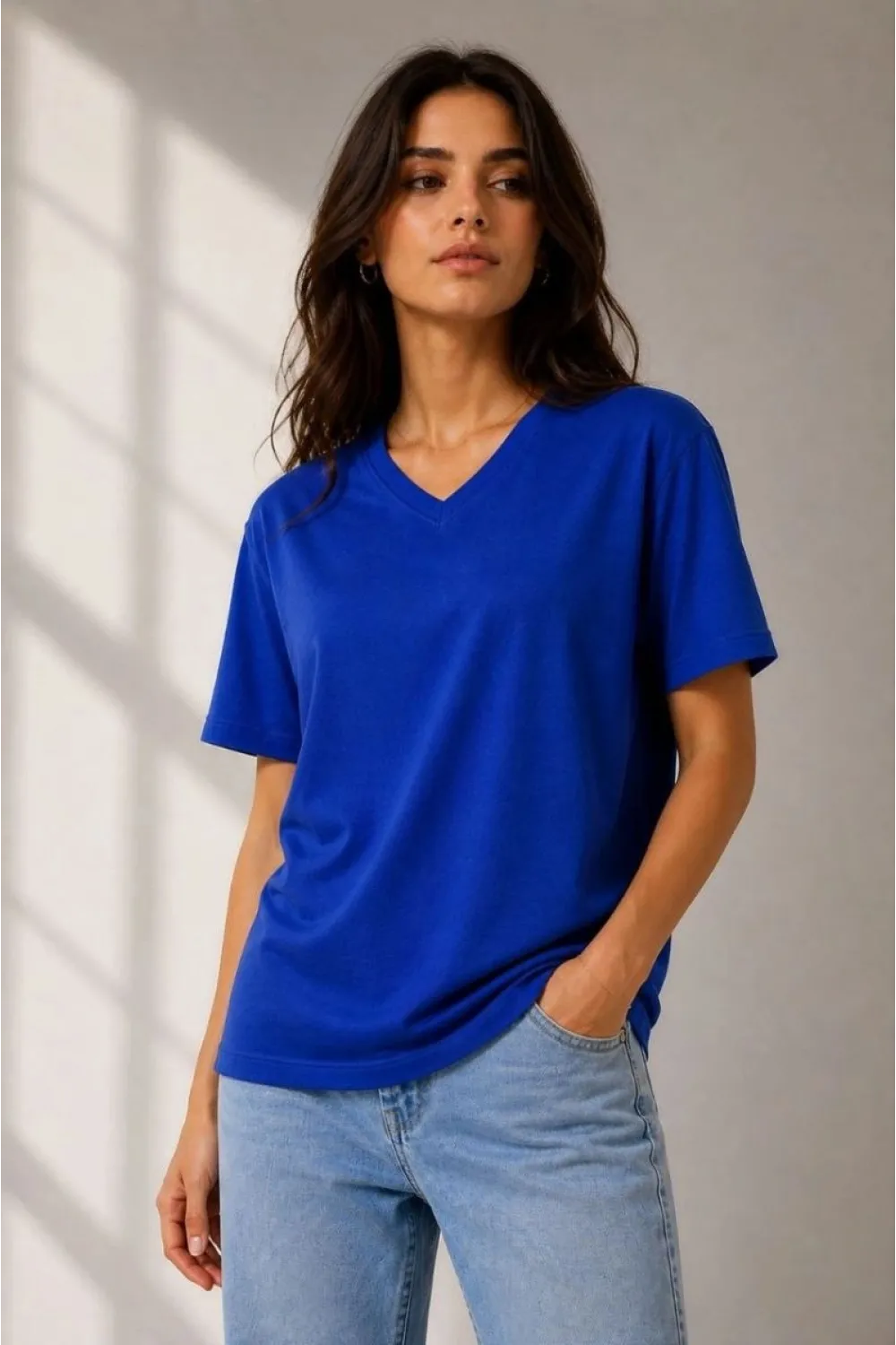 Kadın V Yaka Basic Tişört Kısa Kol Yazlık Regular Fit T-Shirt - Saks Mavisi