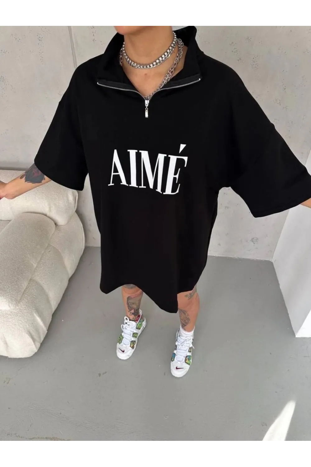 Kadın Yarım Fermuarlı Tişört Baskılı T-Shirt - Siyah