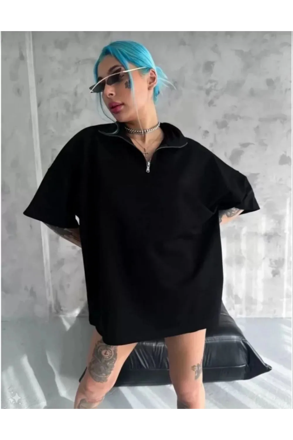 Kadın Yarım Fermuarlı Tişört Düz Oversize T-Shirt - Siyah