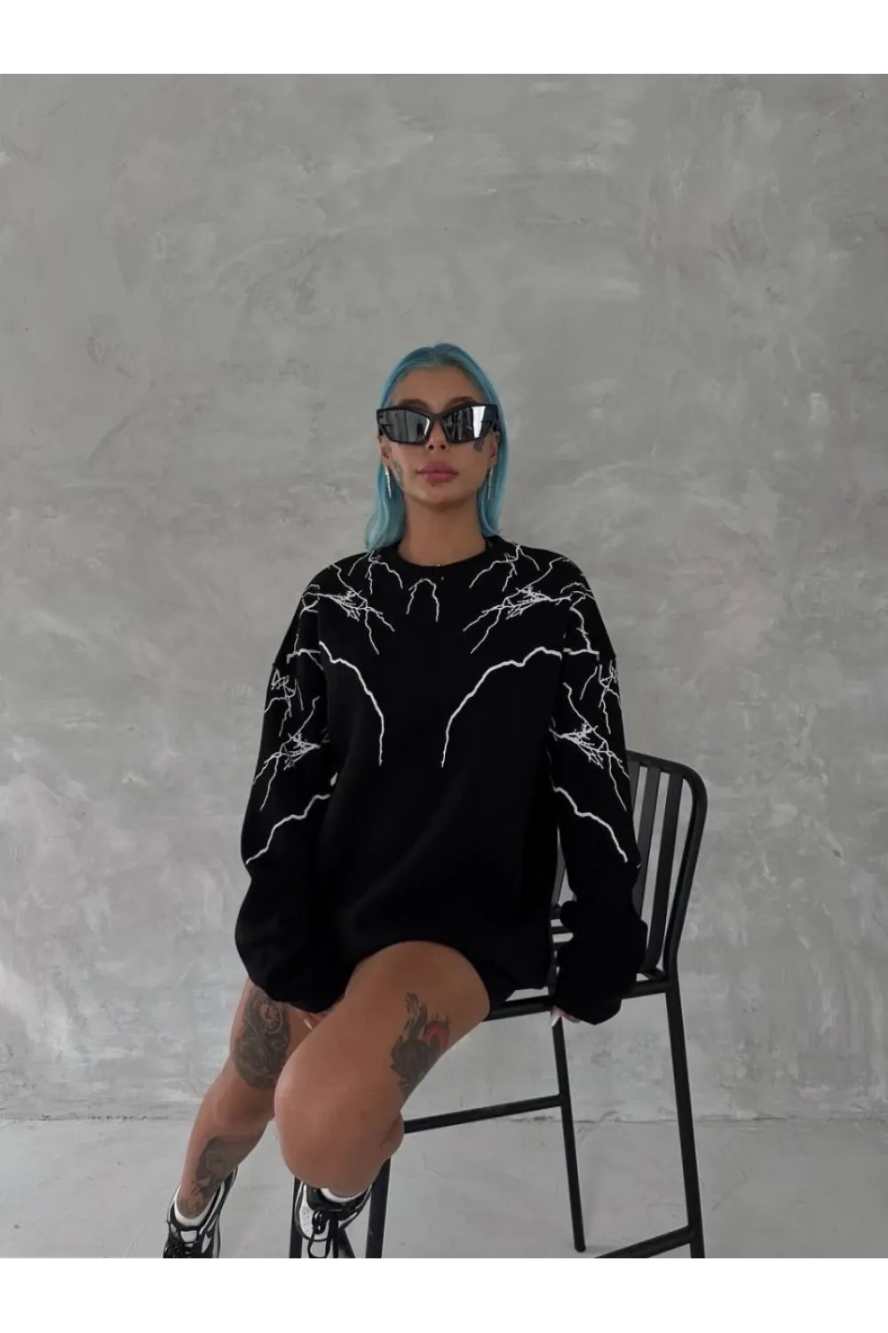 Kadın Yıldırım Baskılı Bisiklet Yaka 3 iplik pamuklu SweatShirt - Siyah
