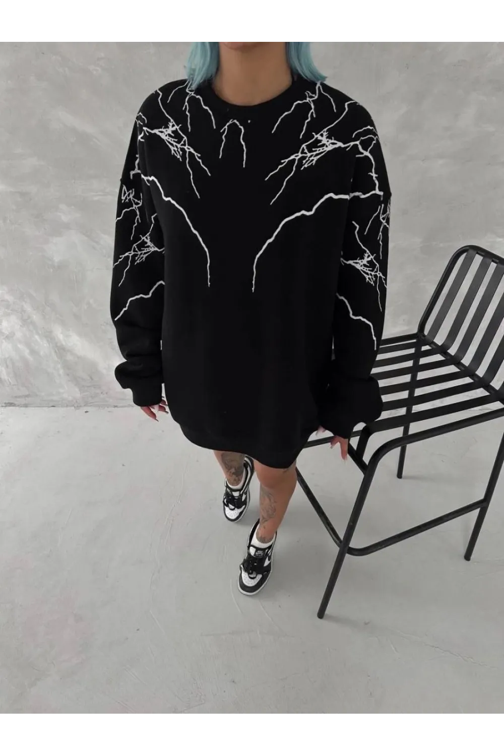 Kadın Yıldırım Baskılı Bisiklet Yaka 3 iplik pamuklu SweatShirt - Siyah