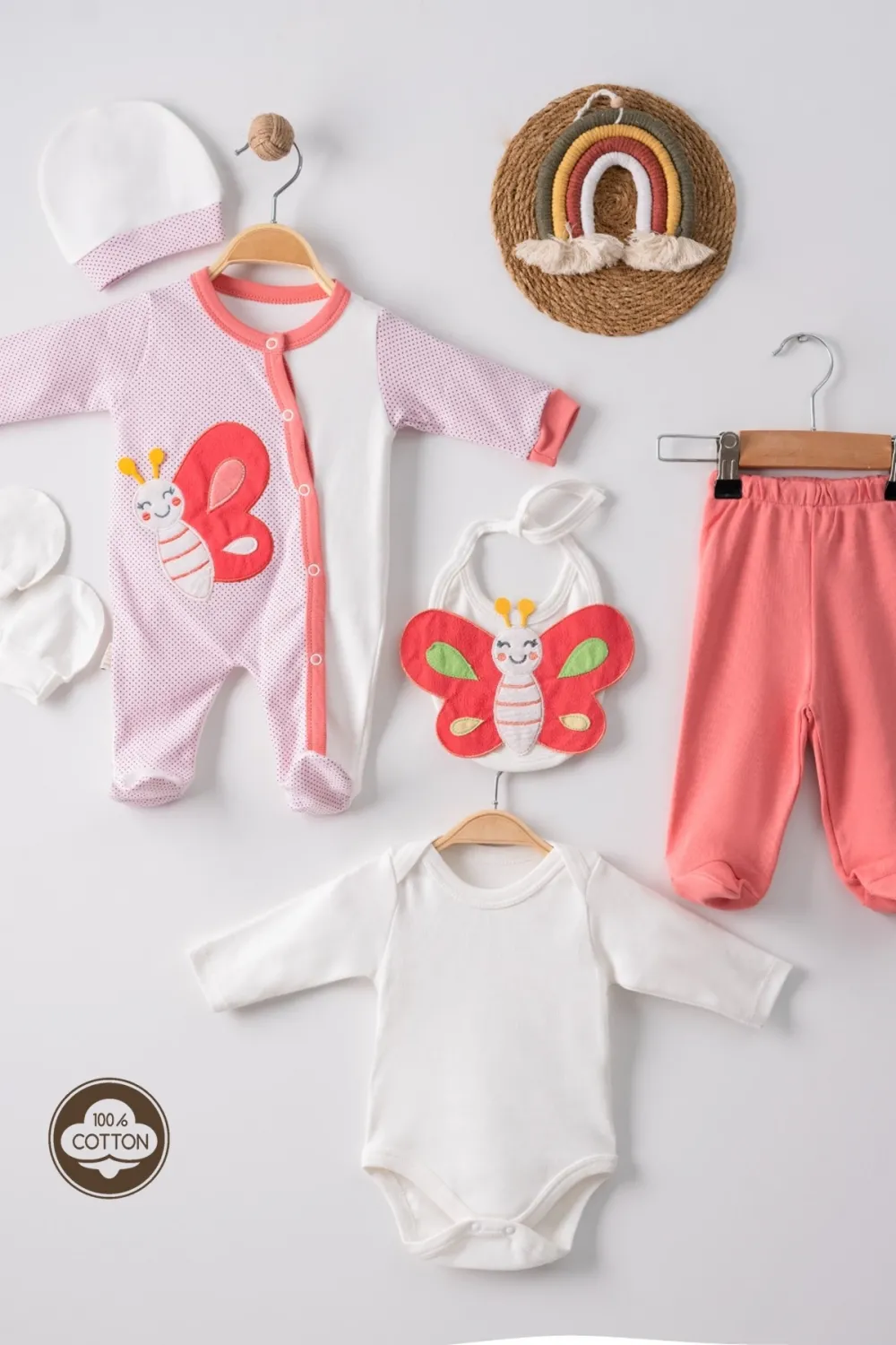 iegiyim™ Kelebek Nakışlı Puanlı Tulumlu % 100 Pamuk Kız Bebek 5li Set