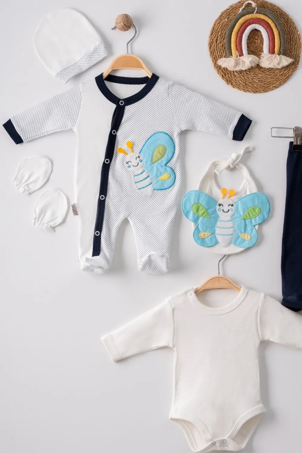 iegiyim™ Kelebek Nakışlı Tulumlu % 100 Pamuk Erkek Bebek 5li Set