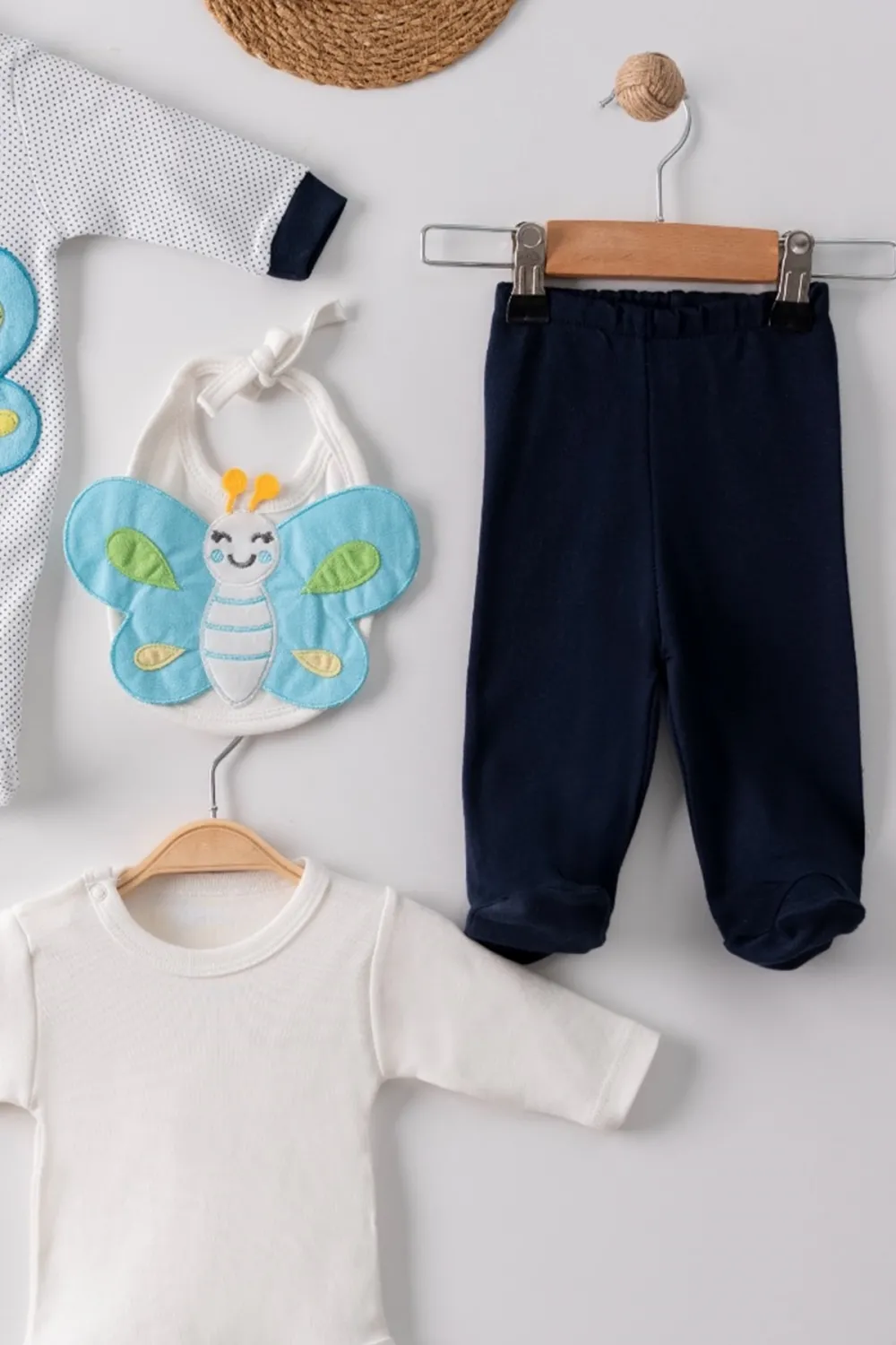 iegiyim™ Kelebek Nakışlı Tulumlu % 100 Pamuk Erkek Bebek 5li Set